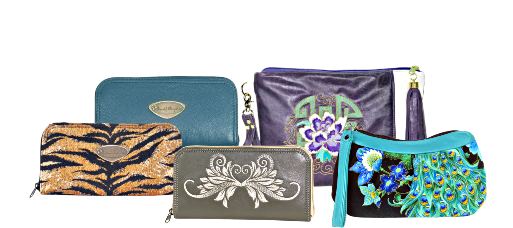 Leather and Tapestry wallets clutches and zipper pouches made in USA