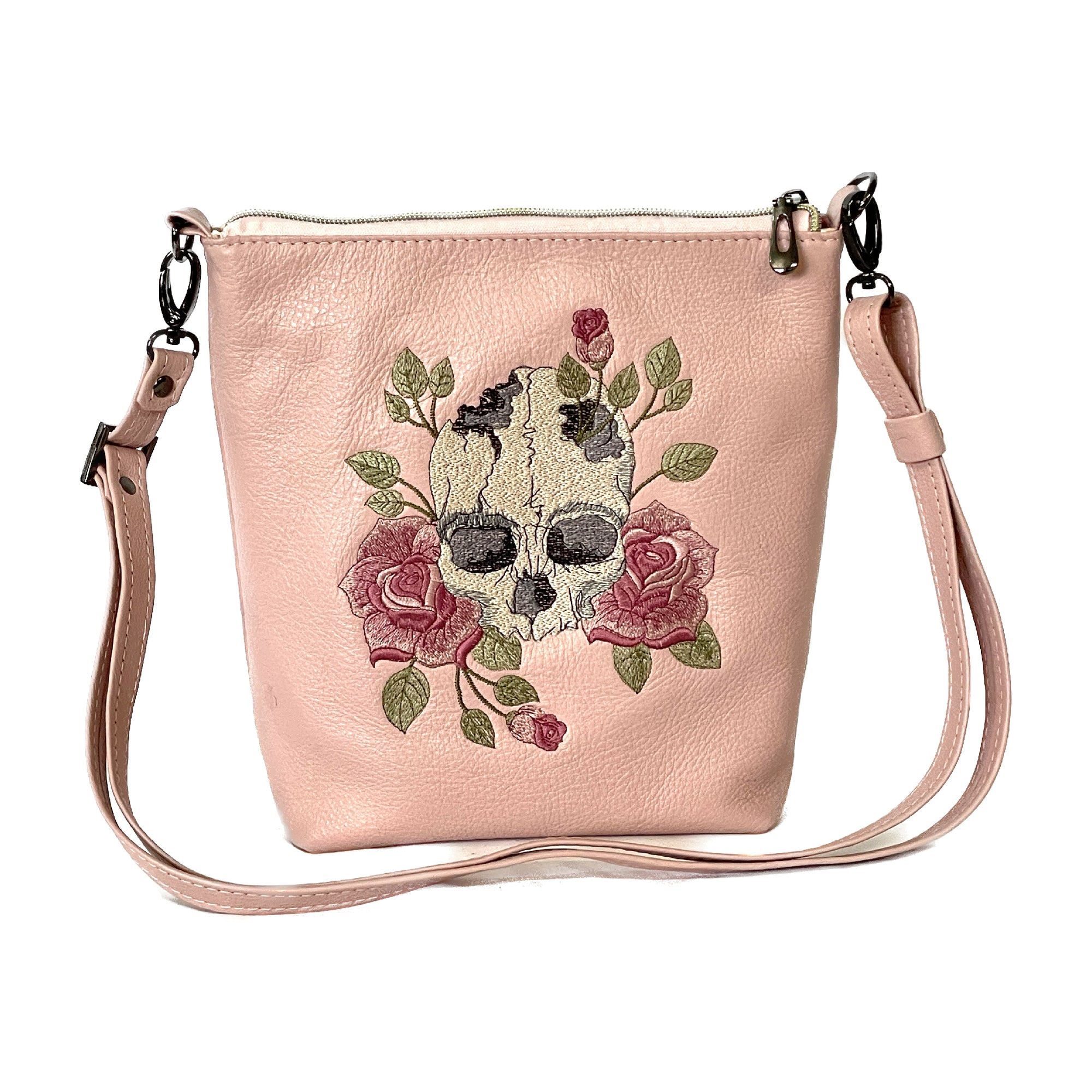 Claudia Crossbody Pink Leather Skull and Roses