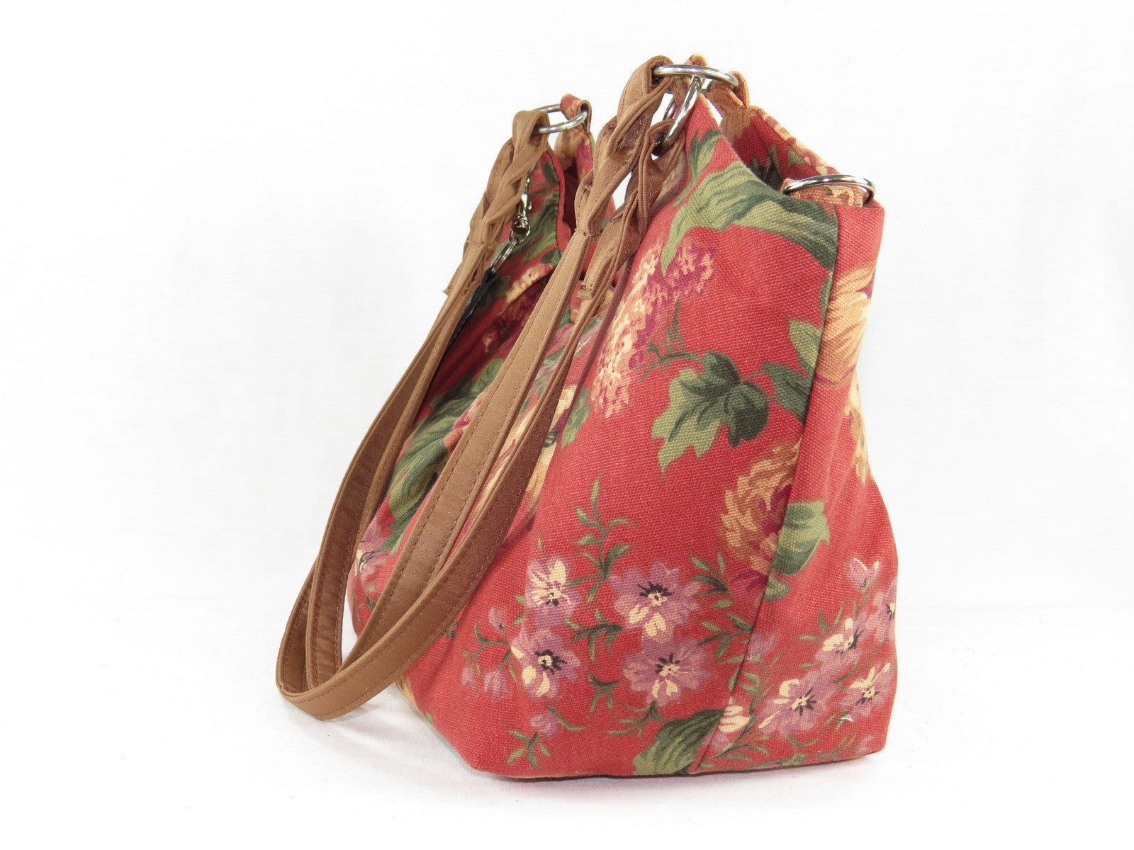 Autumn Floral Print on Canvas Tote Style Handbag side view
