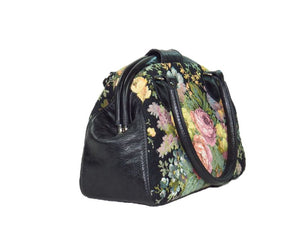Black Leather and Rose Bouquet Tapestry Doctor Bag side view
