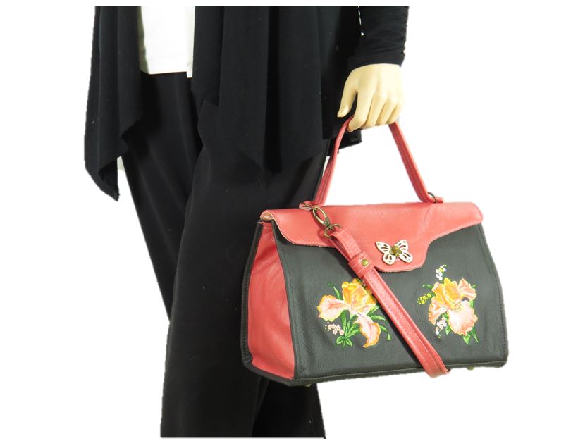 Black and Coral Embroidered Irises Leather Pocketbook Purse model view