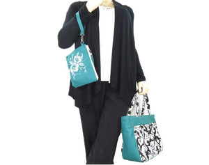 Black and White Acanthus Print and Genuine Leather Tote companion clutch