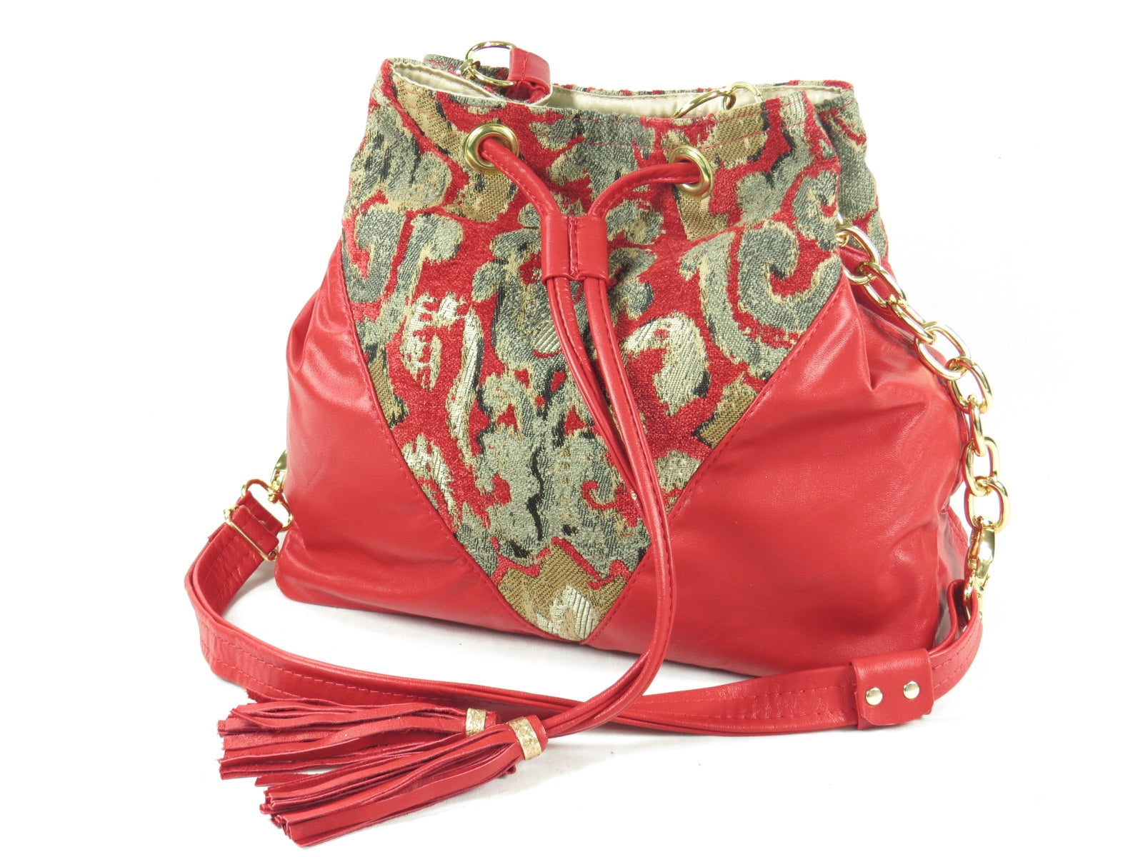 Boho Bucket Bag Red Leather and Tapestry Cross Body view 2