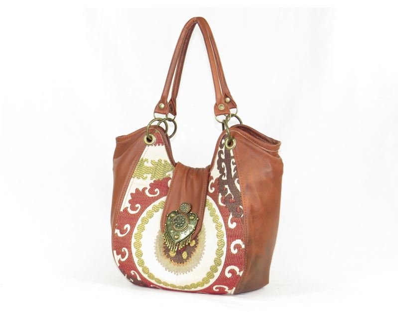 Caramel Leather and Mandala Tapestry Bucket Bag handles up