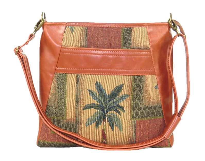 Cinnamon Brown Leather and Palm Tree Tapestry Crossbody Handbag relaxed strap view