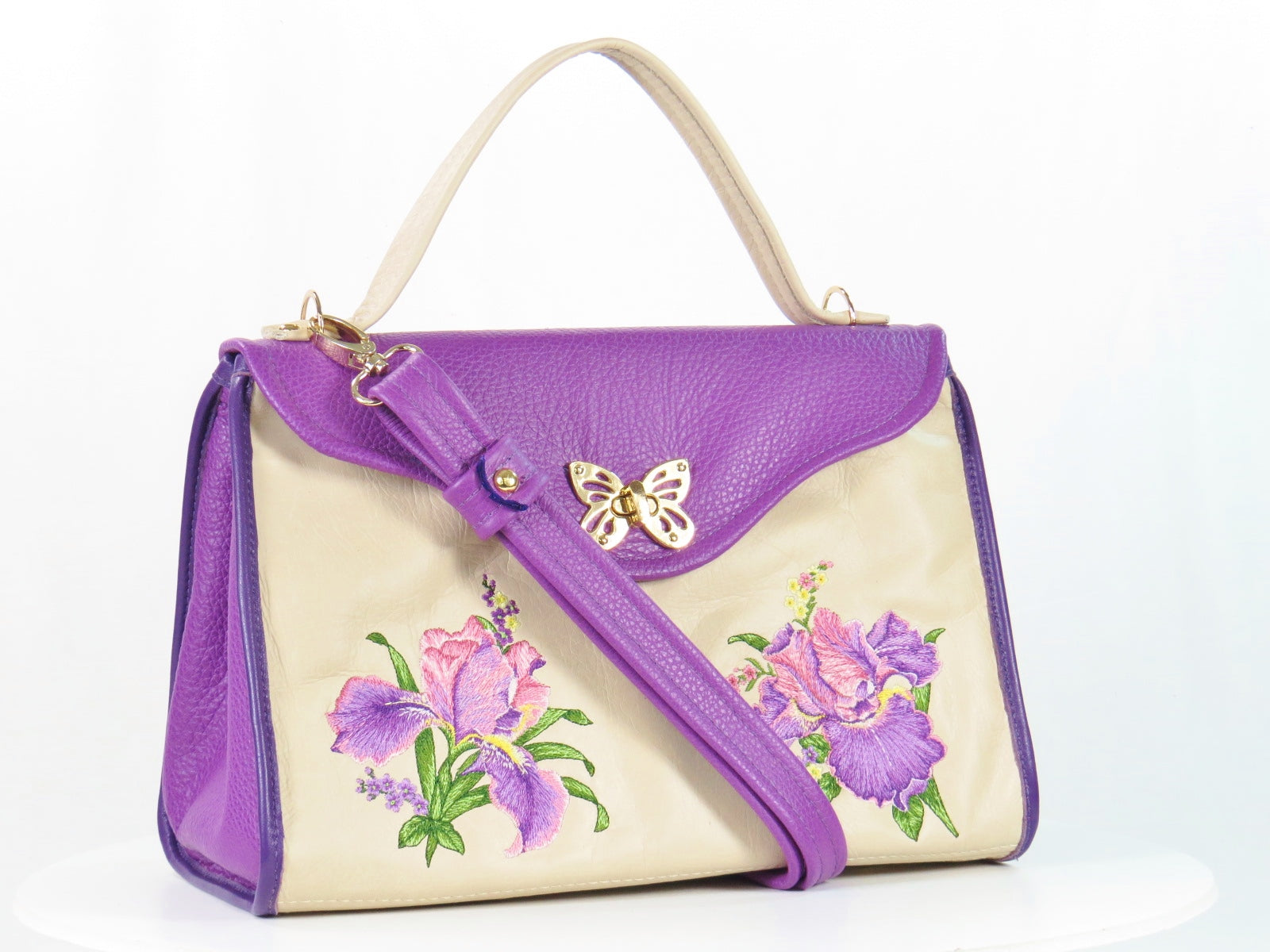 Embroidered Irises Purple and Beige Leather Purse