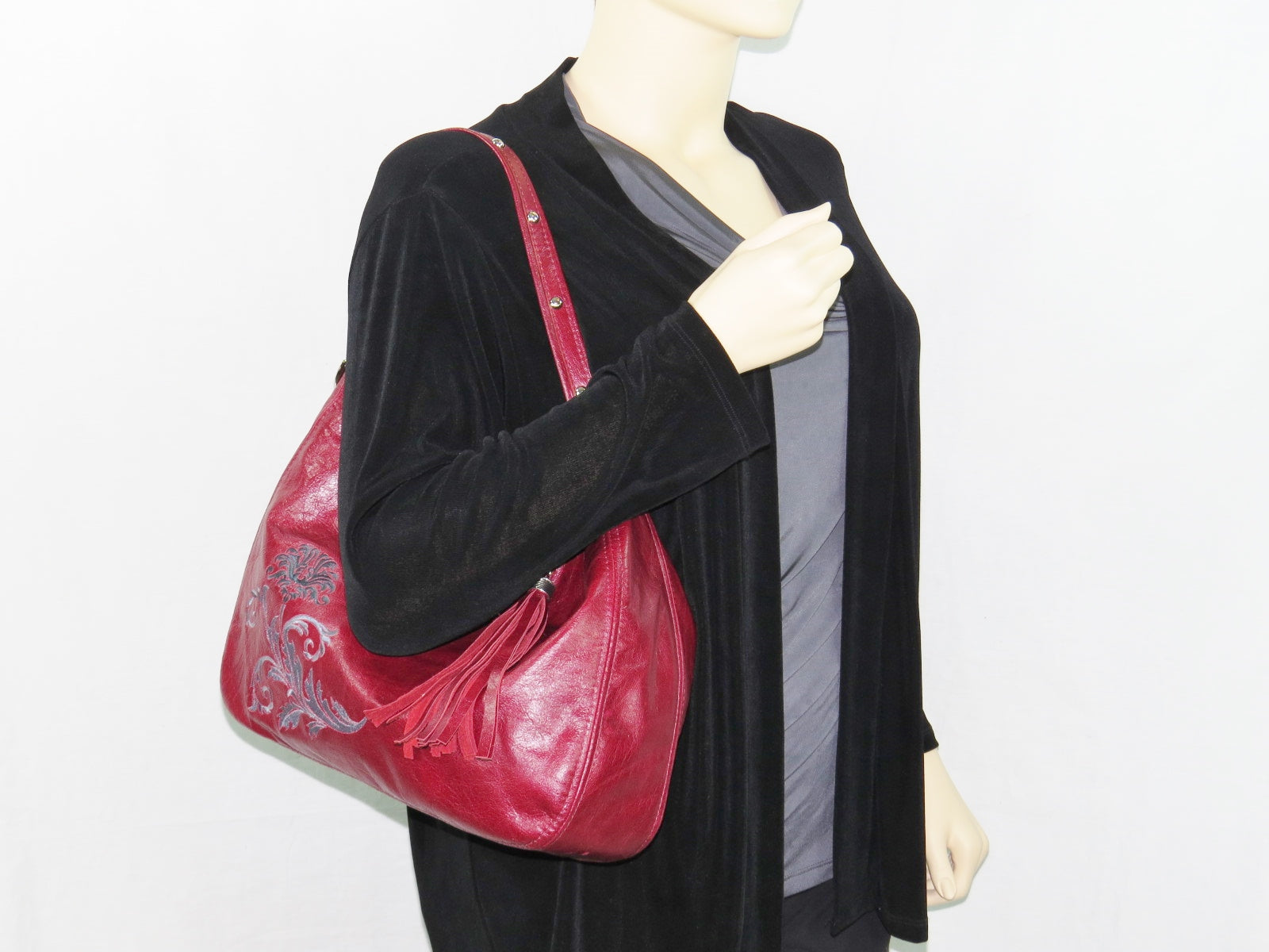 Embroidered Red Leather Slouchy Hobo modeled