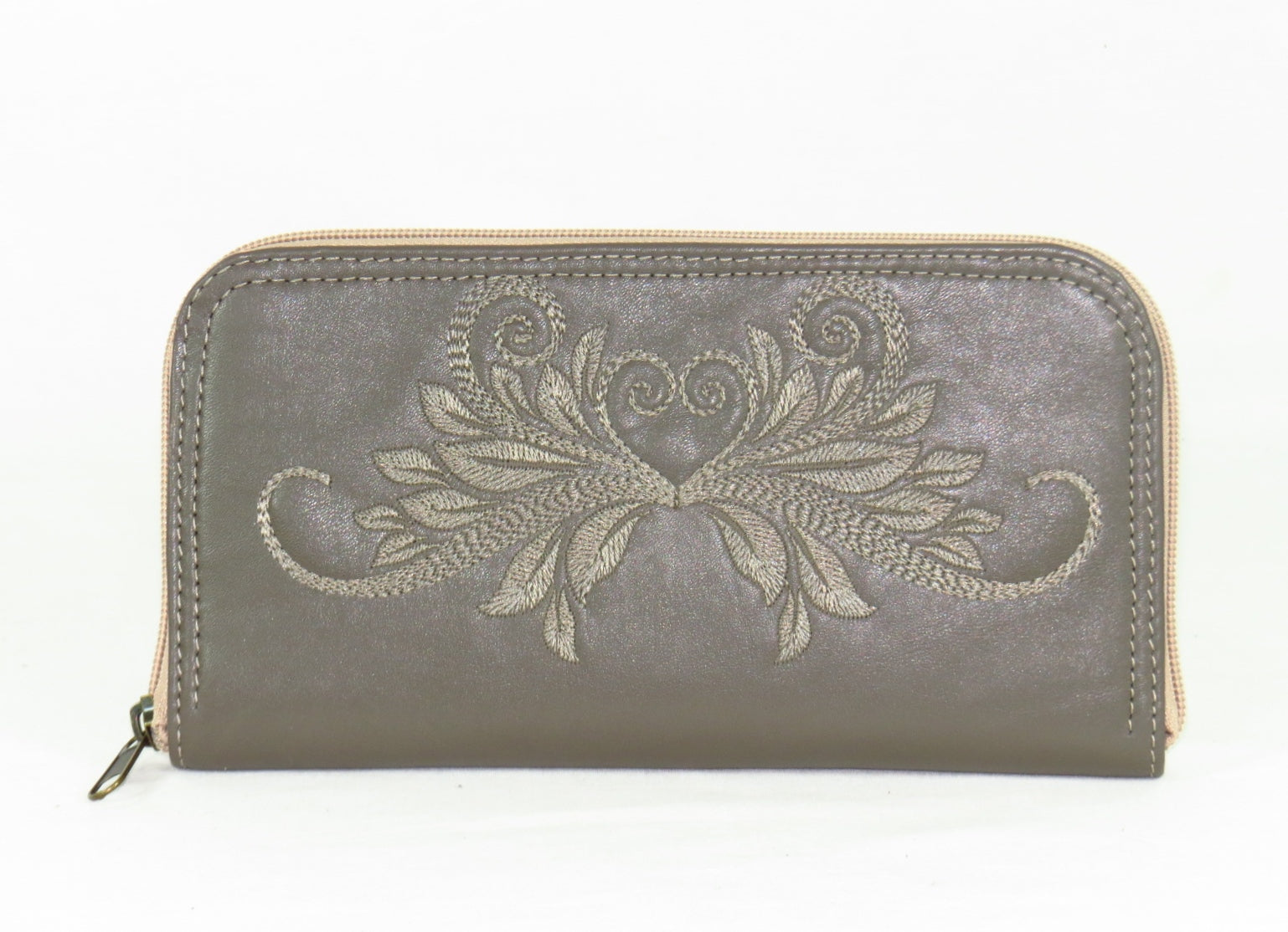 Khaki Gray Tone on Tone Embroidered Leather Wallet