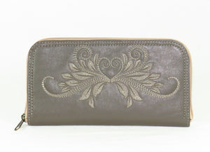 Khaki Gray Tone on Tone Embroidered Leather Wallet