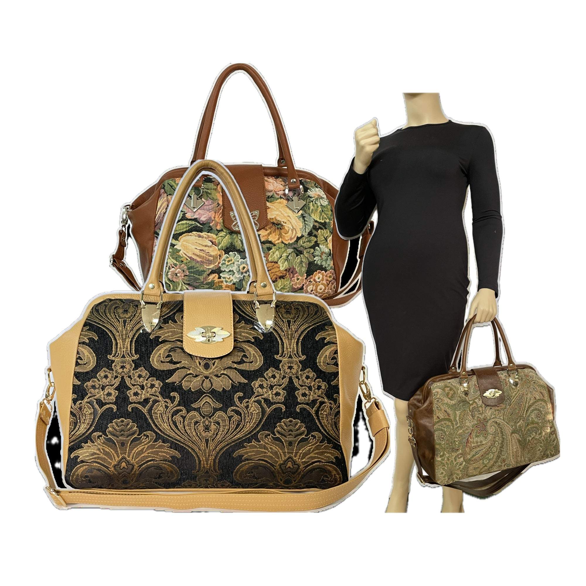 Leather and Tapestry Overnight Weekender Carpet Bags made in USA