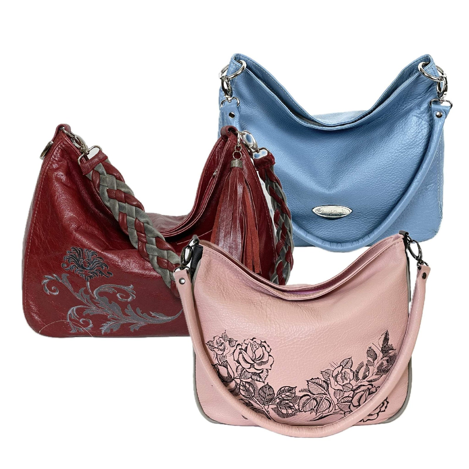 Genuine leather and tapestry Slouch Handbags made in USA