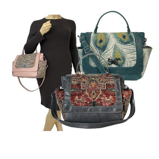 Custom made leather and tapestry top handle bags made in USA