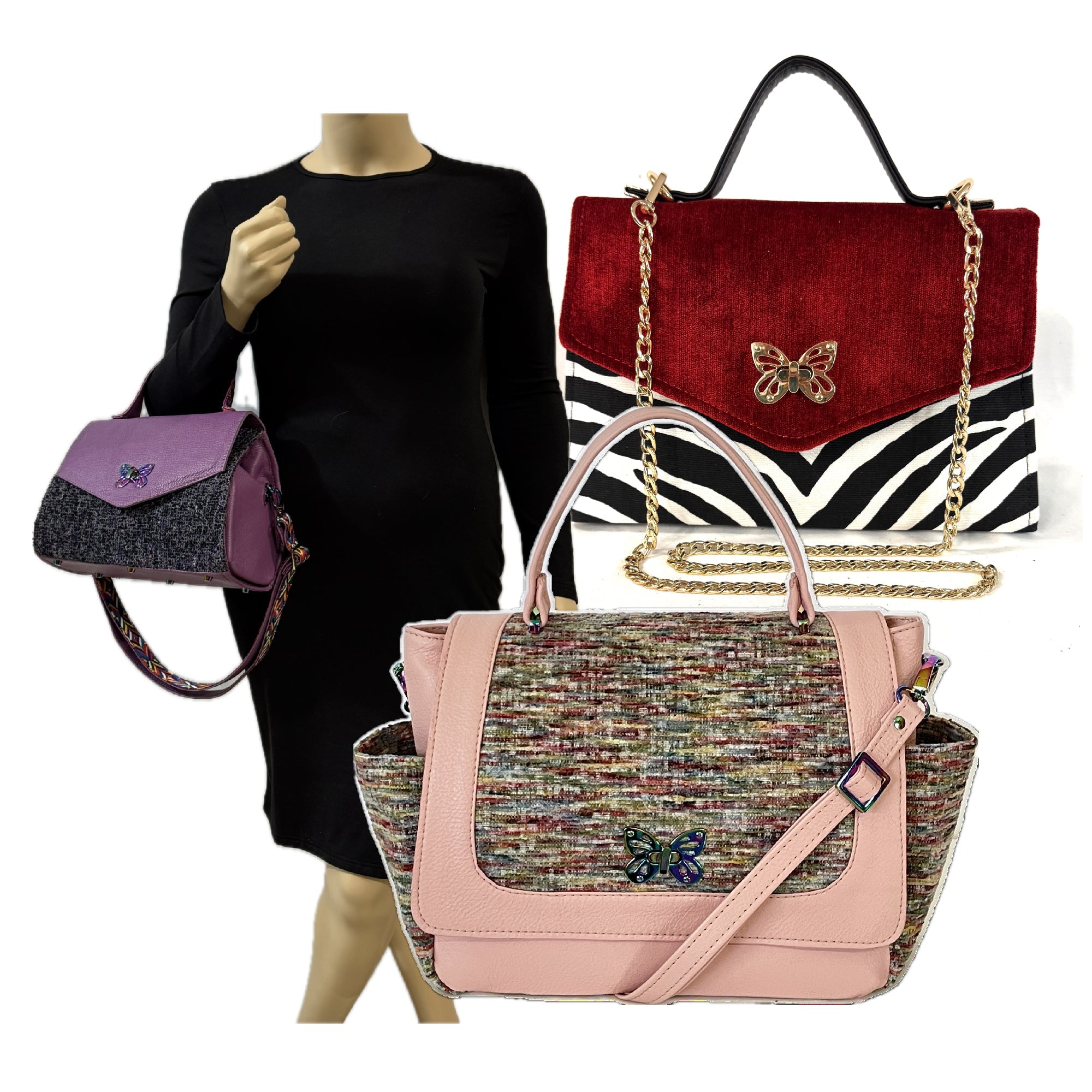 Custom made leather and tapestry top handle bags made in USA