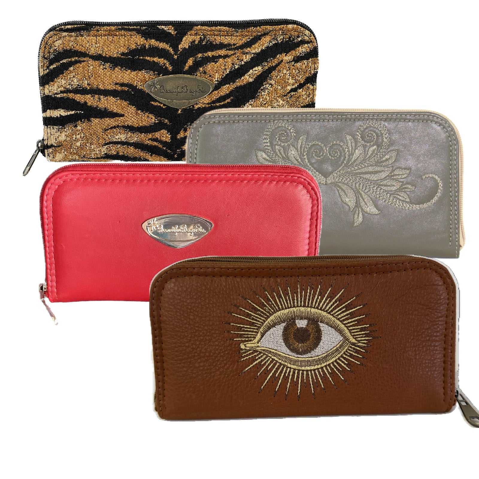 Leather and Tapestry wallets clutches and zipper pouches made in USA