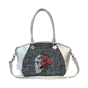 Bella Navy Tweed Silver Leather Skull and Roses