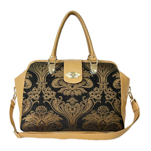 Black Tapestry and Camel Tan Leather Weekender Carpet Bag