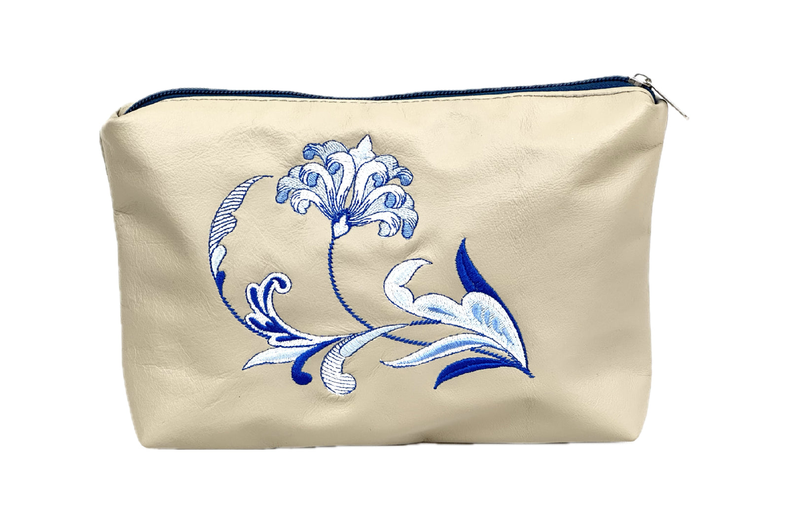 Blue Flower Leather Zipper Pouch