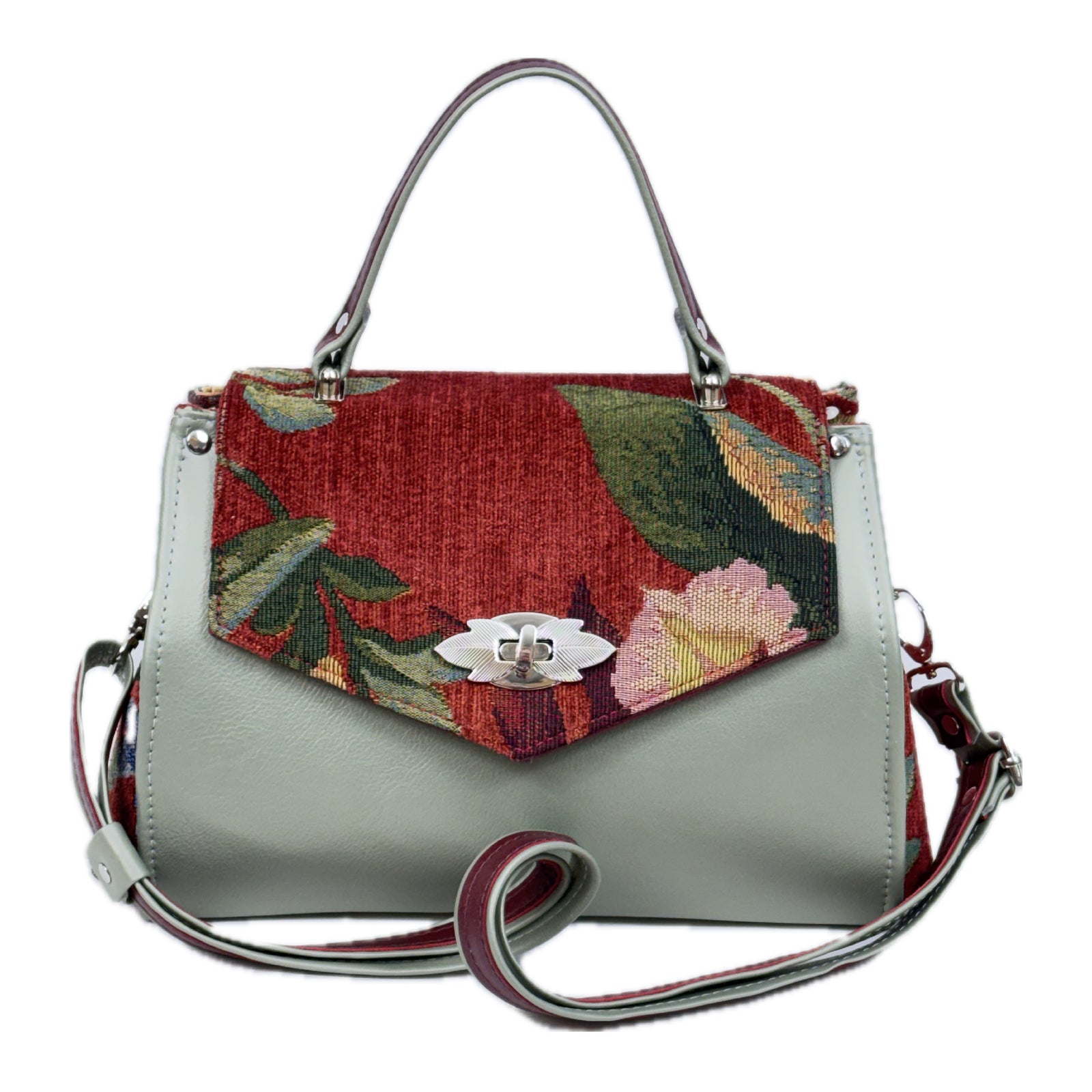 Clarisse Red Orchid and Leather Top Handle Bag
