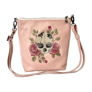 Claudia Crossbody Pink Leather Skull and Roses