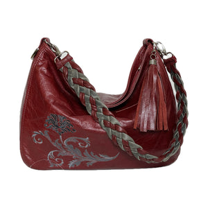 Embroidered Red Leather Slouchy Hobo