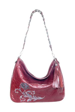 Embroidered Red Leather Slouchy Hobo