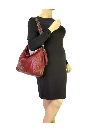 Embroidered Red Leather Slouchy Hobo