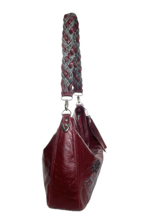 Embroidered Red Leather Slouchy Hobo