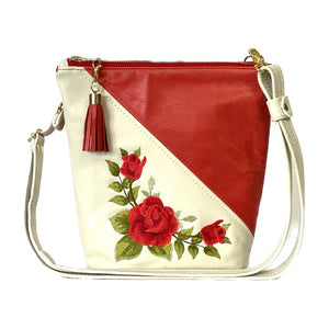 Claudia Crossbody White Red Leather and Roses