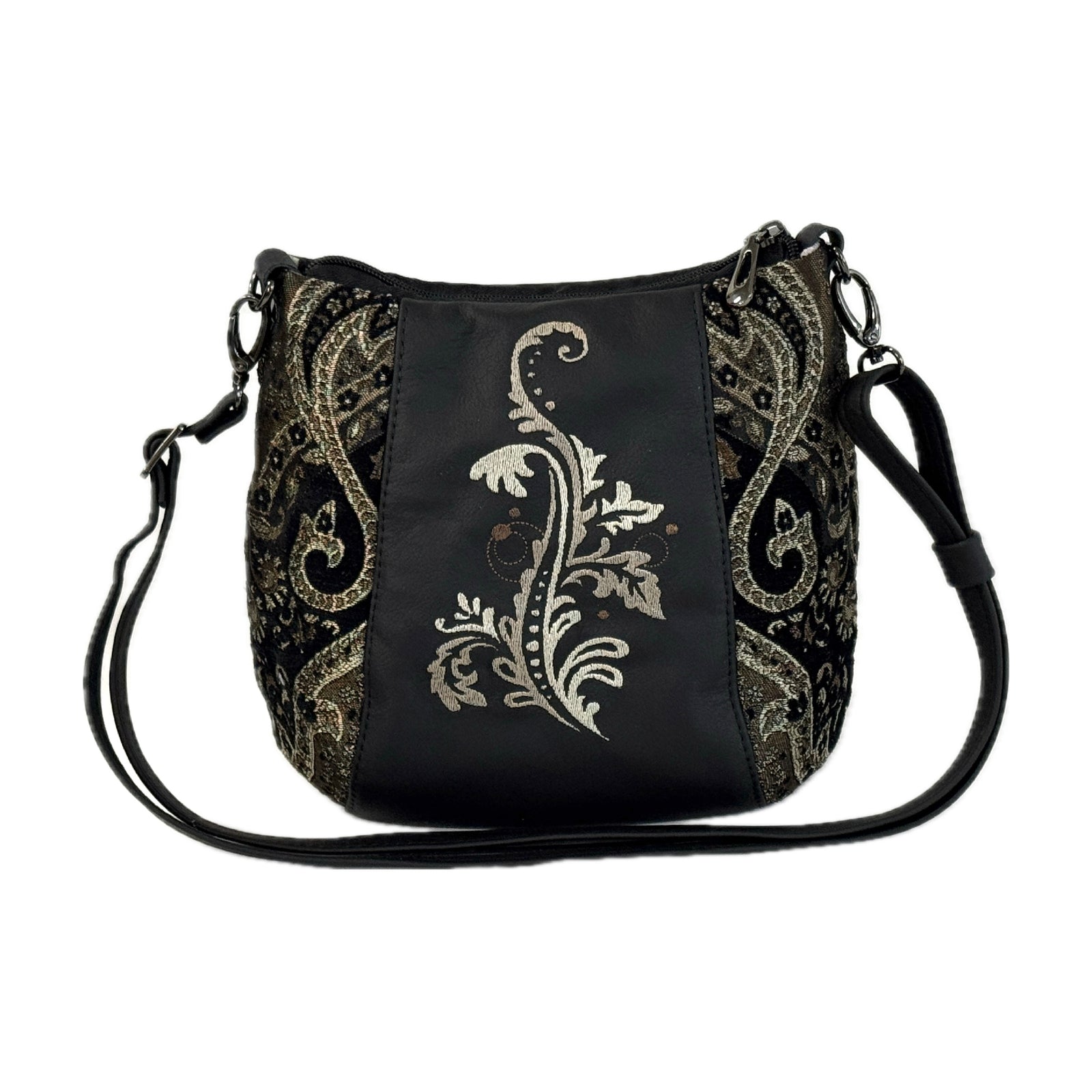 Poppi Crossbody Black Leather and Tapestry