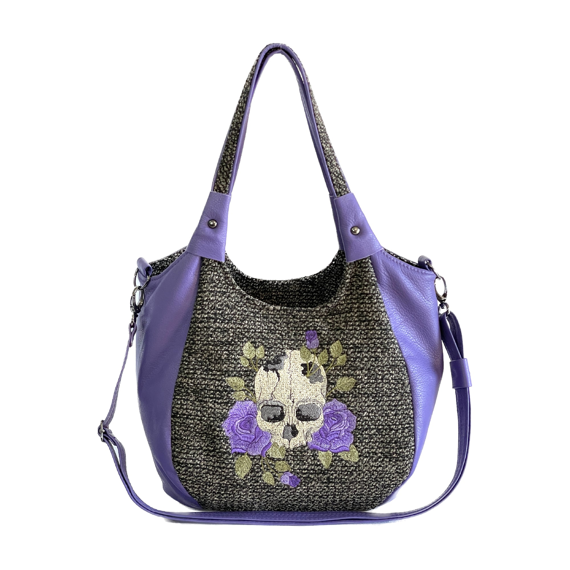 Sharla Satchel Skull and Roses Tweed and Leather
