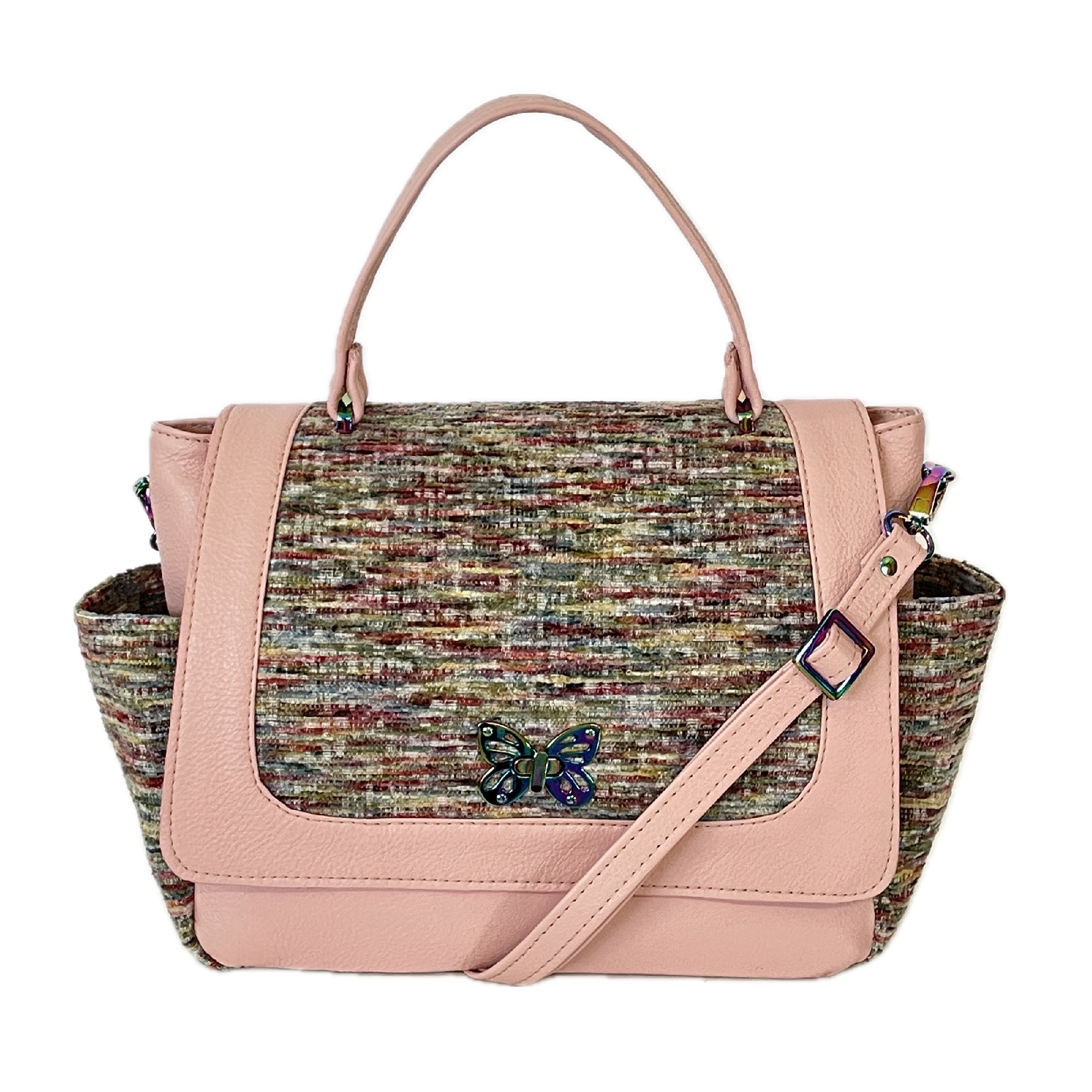 Top Handle Flap Bag Rainbow Tweed and Pink Leather