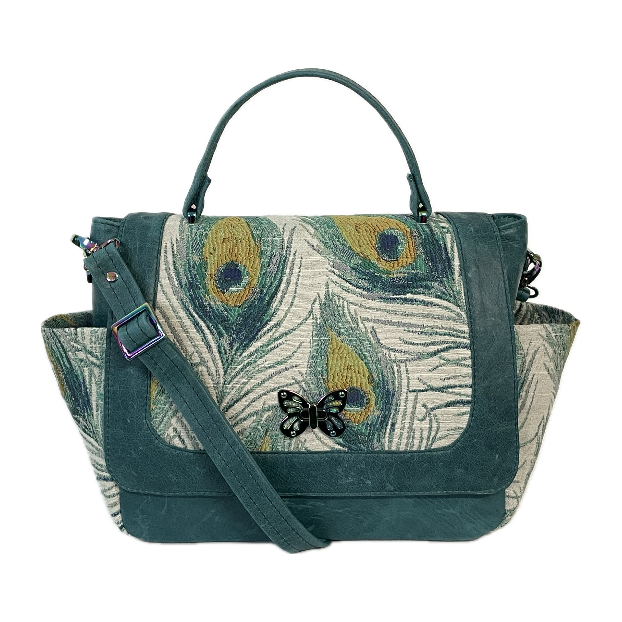 Top Handle Flap Bag Teal Leather and Peacock Tapestry