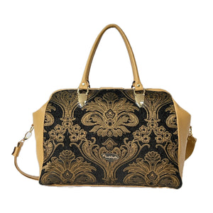 Black Tapestry and Camel Tan Leather Weekender Carpet Bag