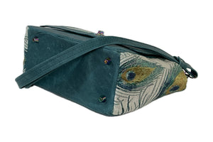 Top Handle Flap Bag Teal Leather and Peacock Tapestry