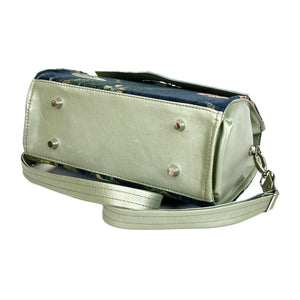 Clarisse Top Handle Satchel: Full-Grain Celadon Leather & Orchid Tapestry