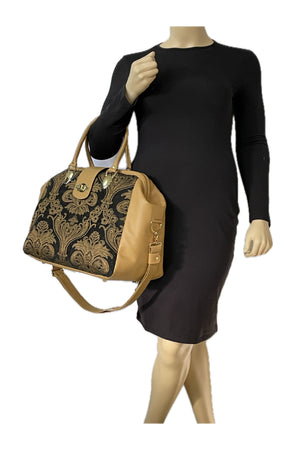 Black Tapestry and Camel Tan Leather Weekender Carpet Bag