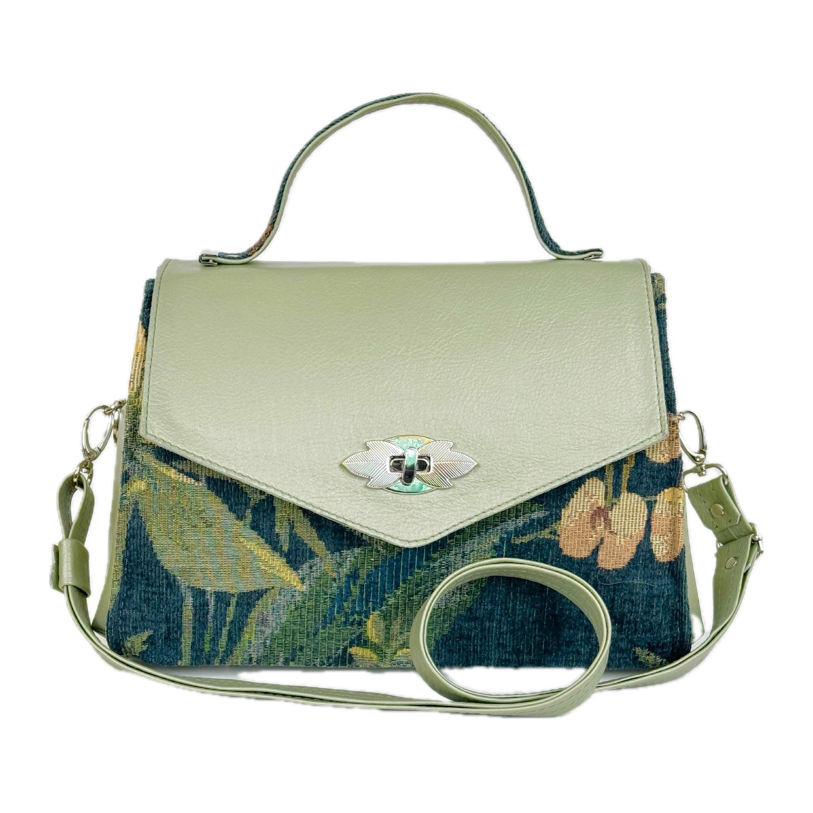 Clarisse Top Handle Satchel: Full-Grain Celadon Leather & Orchid Tapestry
