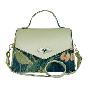 Clarisse Top Handle Satchel: Full-Grain Celadon Leather & Orchid Tapestry