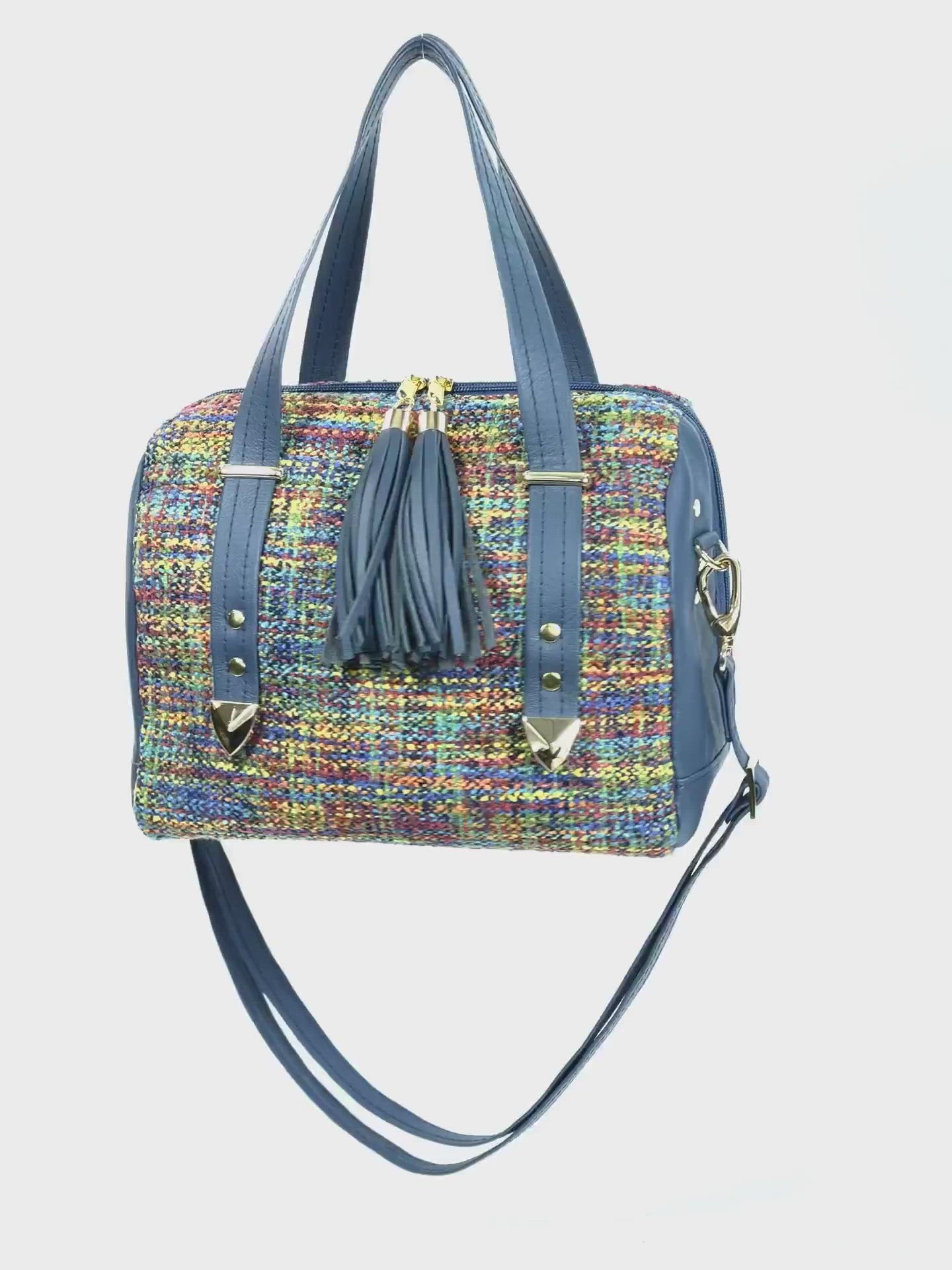 Danielle Barrel Bag Rainbow Tweed and Blue Leather 3D view