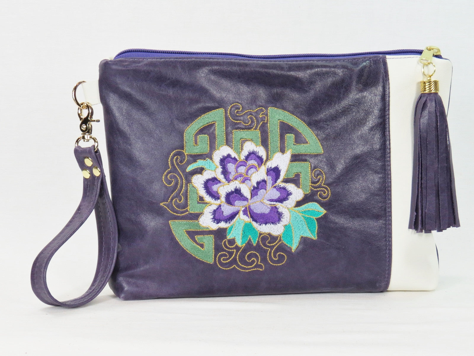 Amethyst and White Leather Zipper Clutch China Block Embroidery