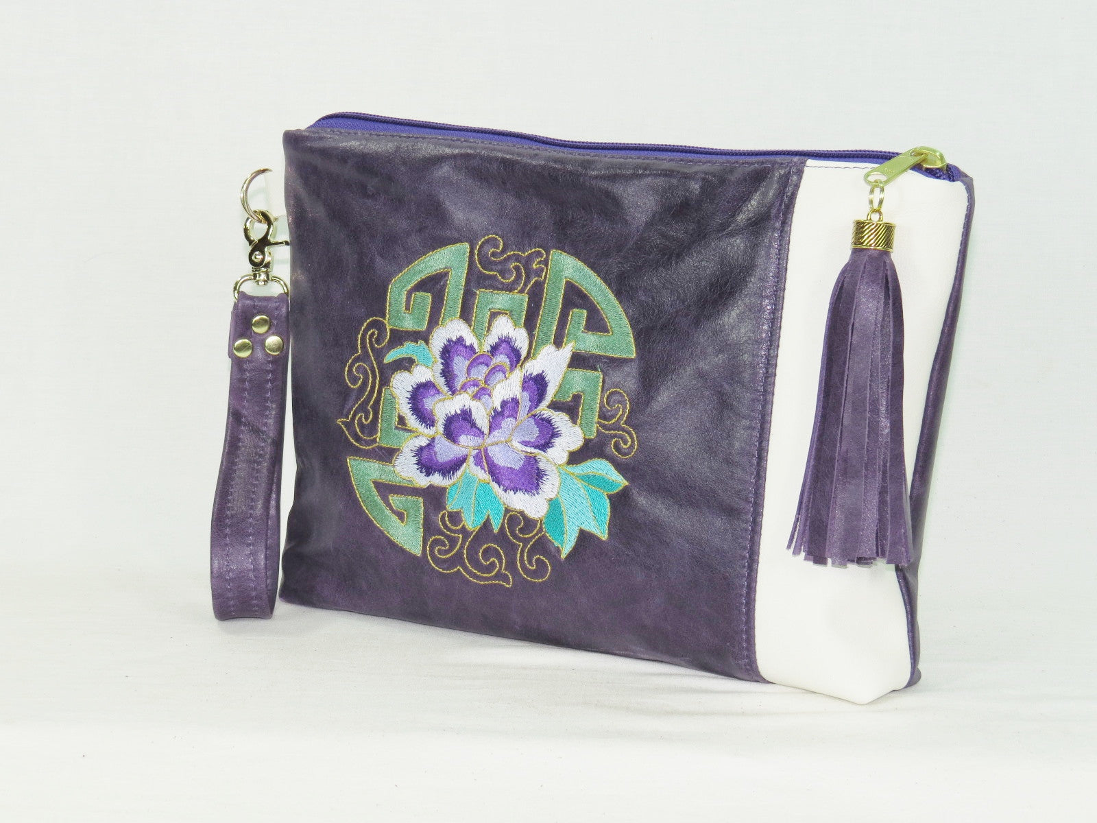 Amethyst and White Leather Zipper Clutch China Block Embroidery angle view