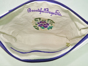 Amethyst and White Leather Zipper Clutch China Block Embroidery interior lining