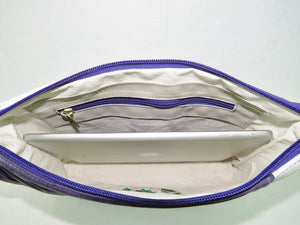 Amethyst and White Leather Zipper Clutch China Block Embroidery interior pocket ipad storage