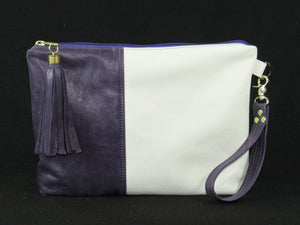 Amethyst and White Leather Zipper Clutch China Block Embroidery back side