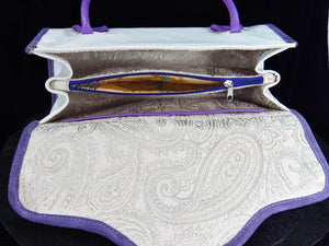 Amy Butler Blossom Handbag Genuine Leather Ivory Embroidered Pansies center zipper pocket