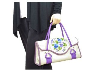 Amy Butler Blossom Handbag Genuine Leather Ivory Embroidered Pansies model view