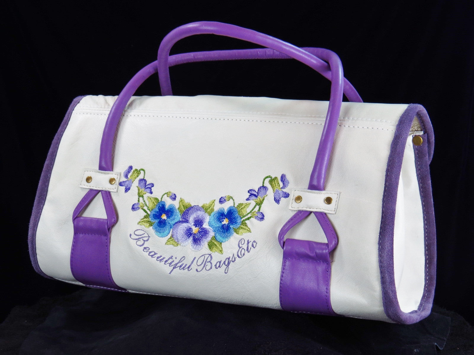 Amy Butler Blossom Handbag Genuine Leather Ivory Embroidered Pansies back side