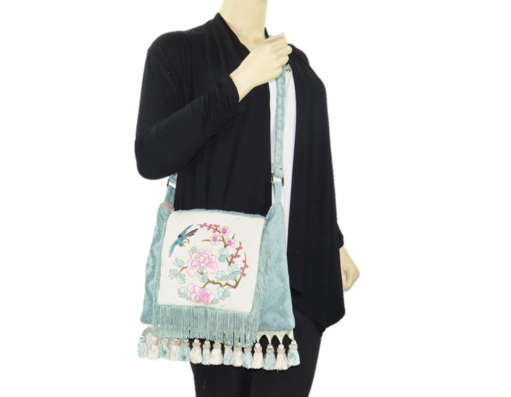 Asian Embroidered Boho Cottagecore Fringe Bag model
