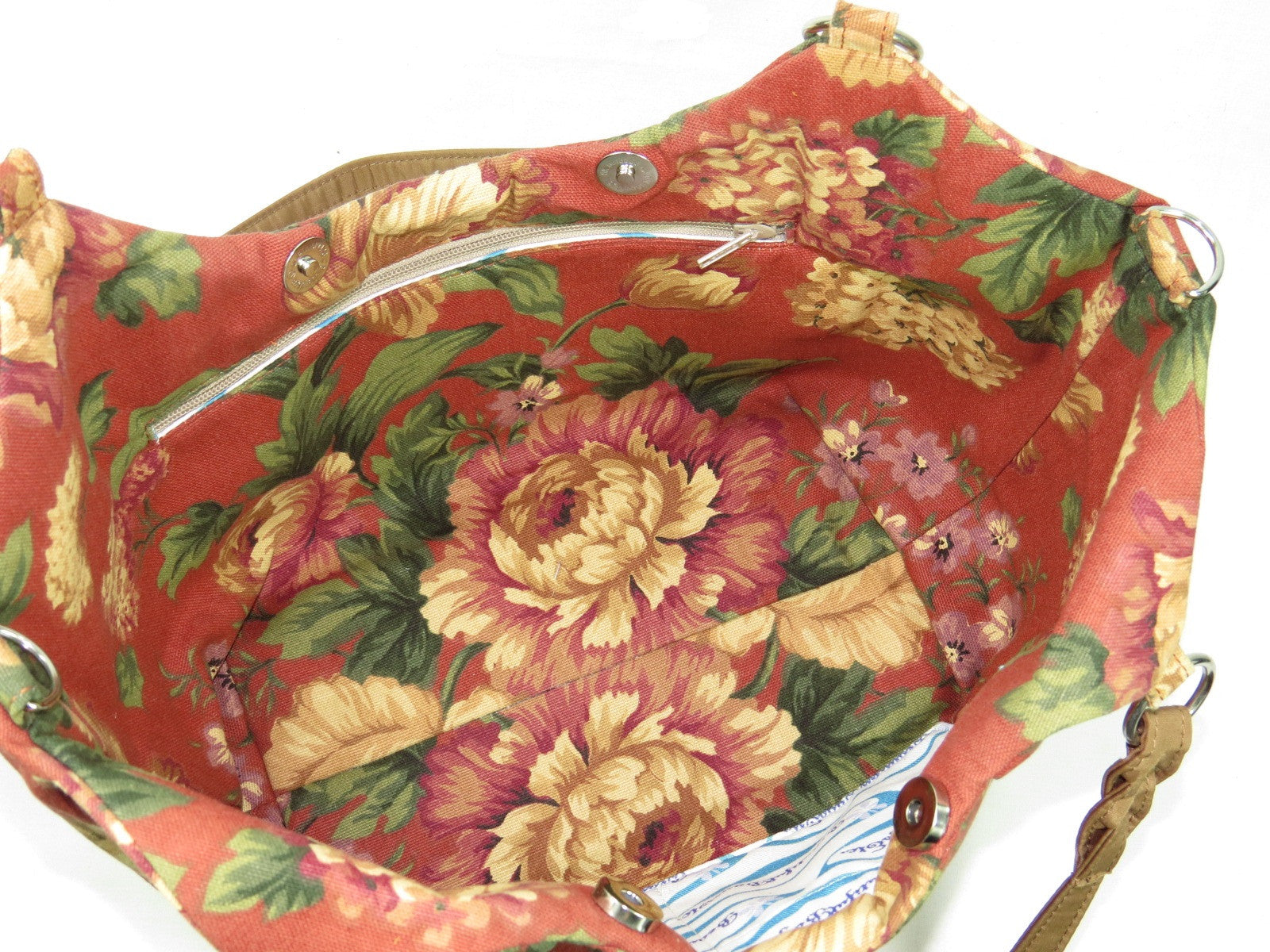 Autumn Floral Print on Canvas Tote Style Handbag interior