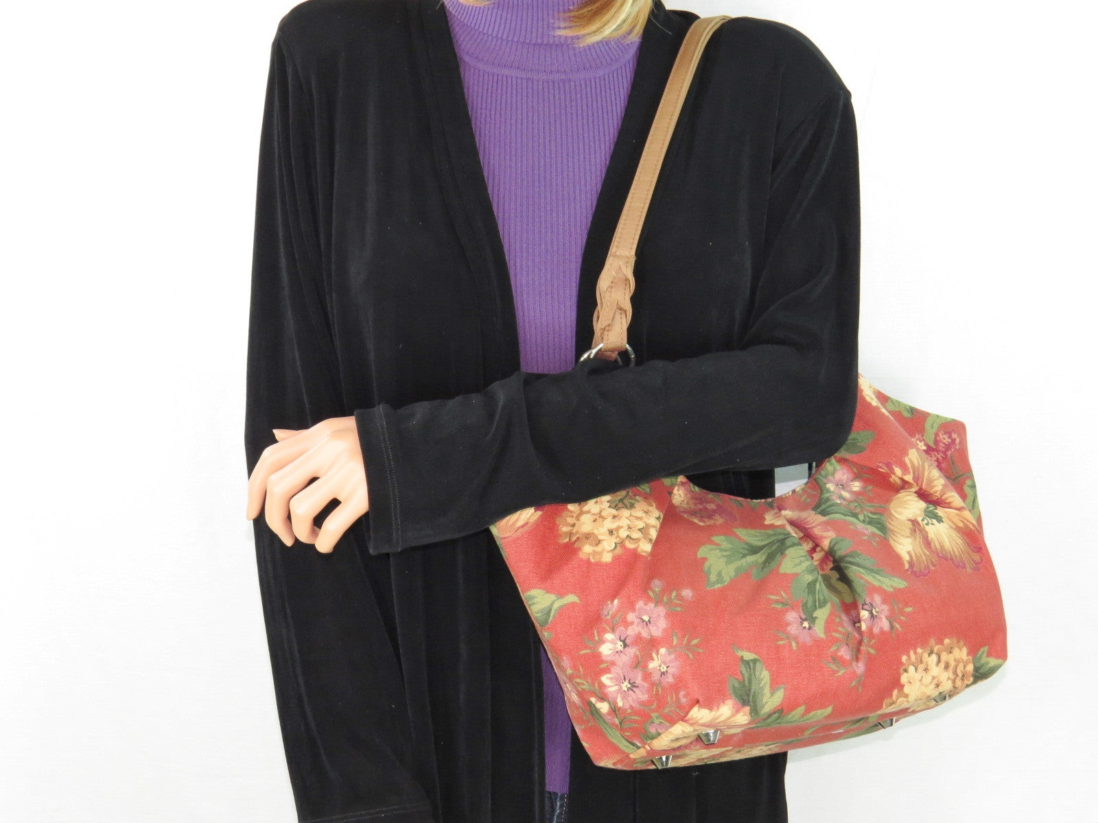 Autumn Floral Print on Canvas Tote Style Handbag on model